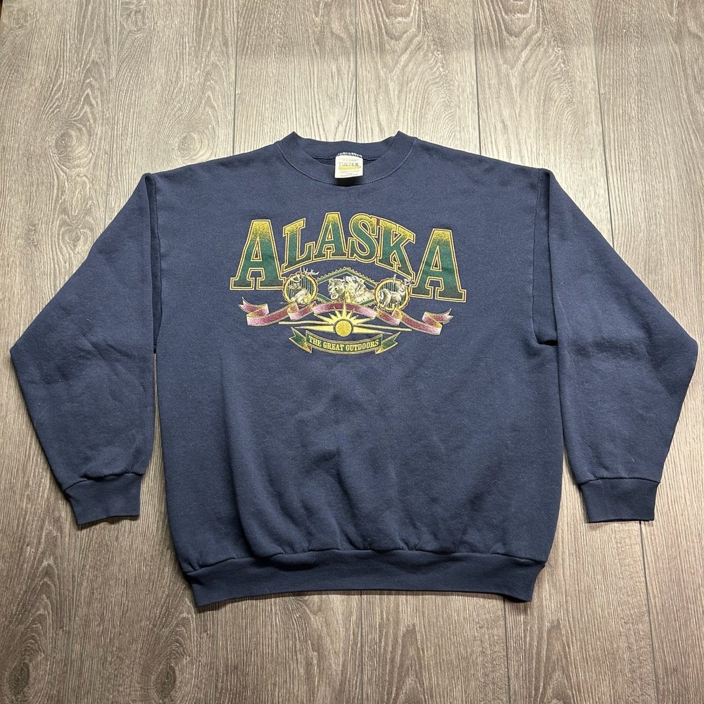 Vintage Alaska The Great Outdoors Large Sweatshirt Navy Blue 90s Men Tultex